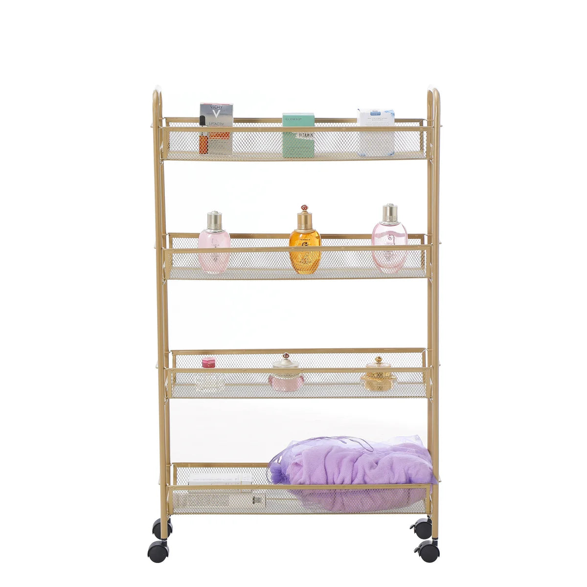 Matte Gold - 4 Tier Mesh Basket Cart with 4 Wheels