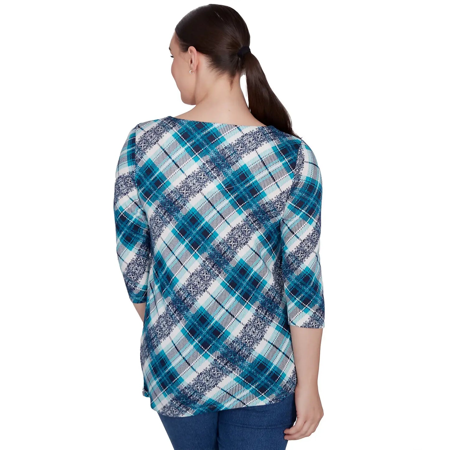 Ring Neck Plaid Hatchie Knit Top Navy multi  - Ruby Rd
