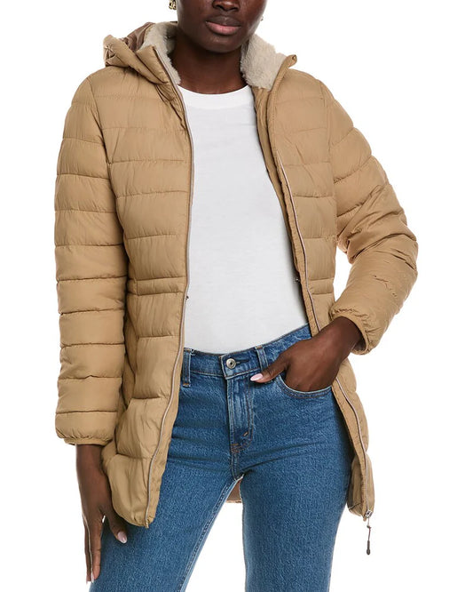 Puffer with Rabbit Fur Collar Camel
