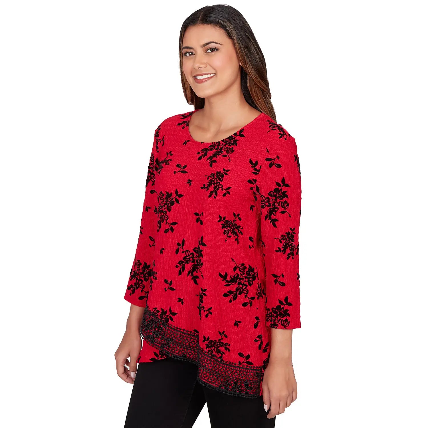 Floral Flocked Texture Lace Trim Top Cherry Multi - Ruby Rd