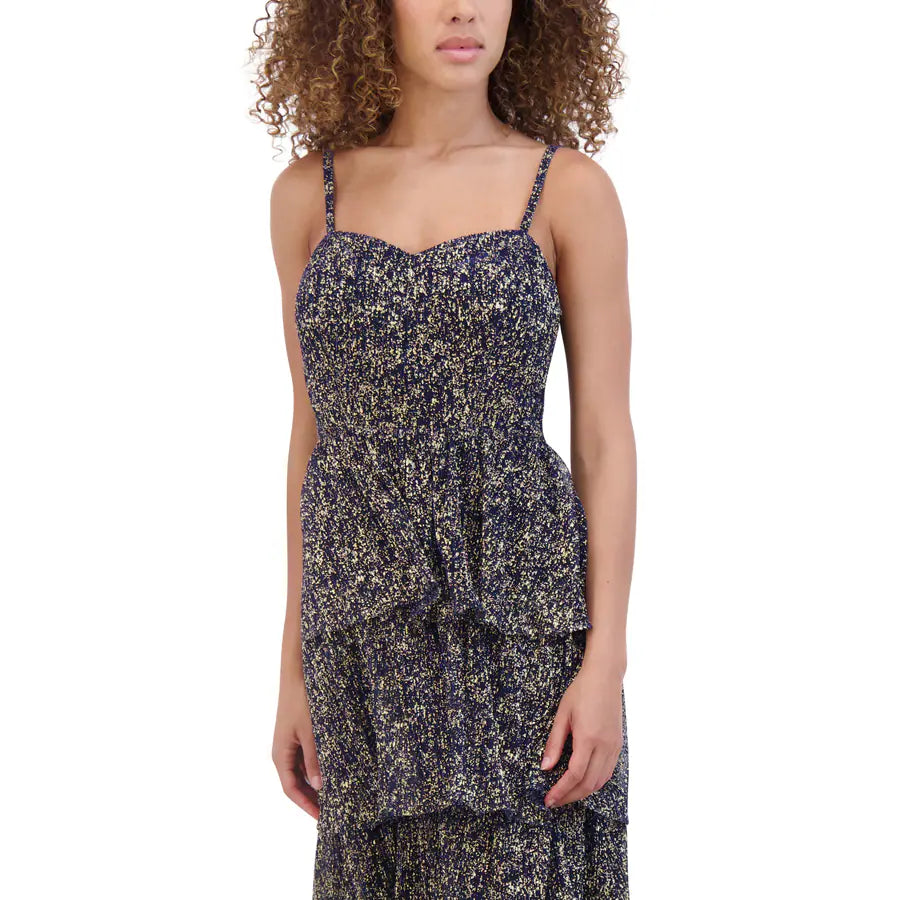 Tiered Fleck Print Dress Navy / Gold  - Siena