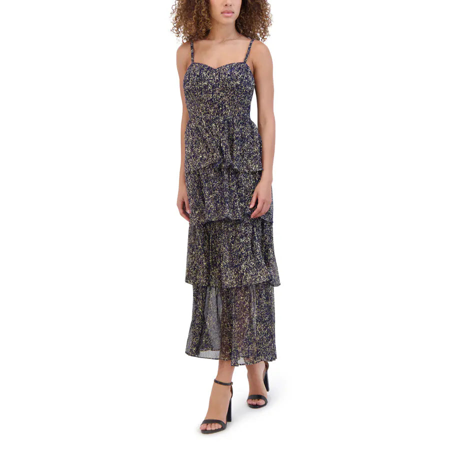 Tiered Fleck Print Dress Navy / Gold  - Siena