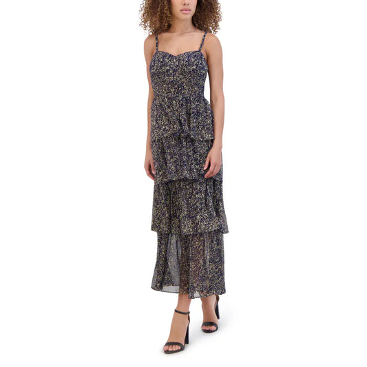 Tiered Fleck Print Dress Navy / Gold  - Siena