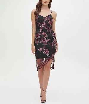 Sleeveless Floral Lace Chiffon  Dress Black /Pink - Guess