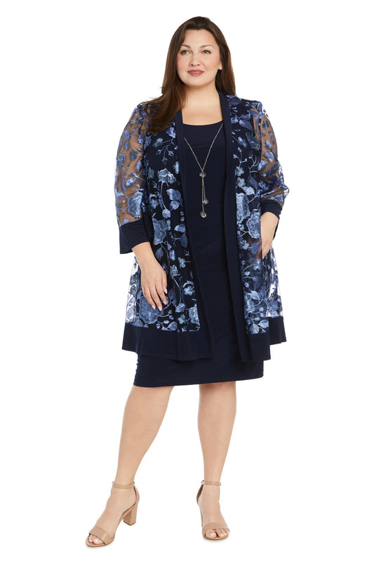 2PC Jacket Dress with Floral Threadwork - Plus Navy Periwinkle - RM Richards