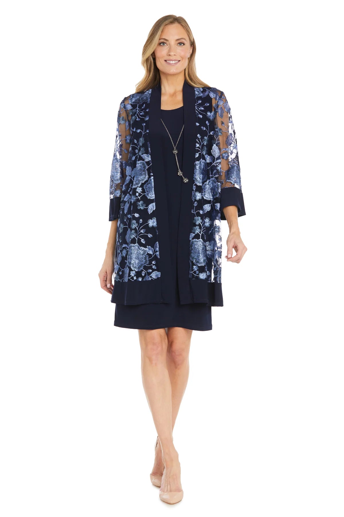 2PC Jacket Dress with Floral Threadwork -  Navy Periwinkle - RM Richards