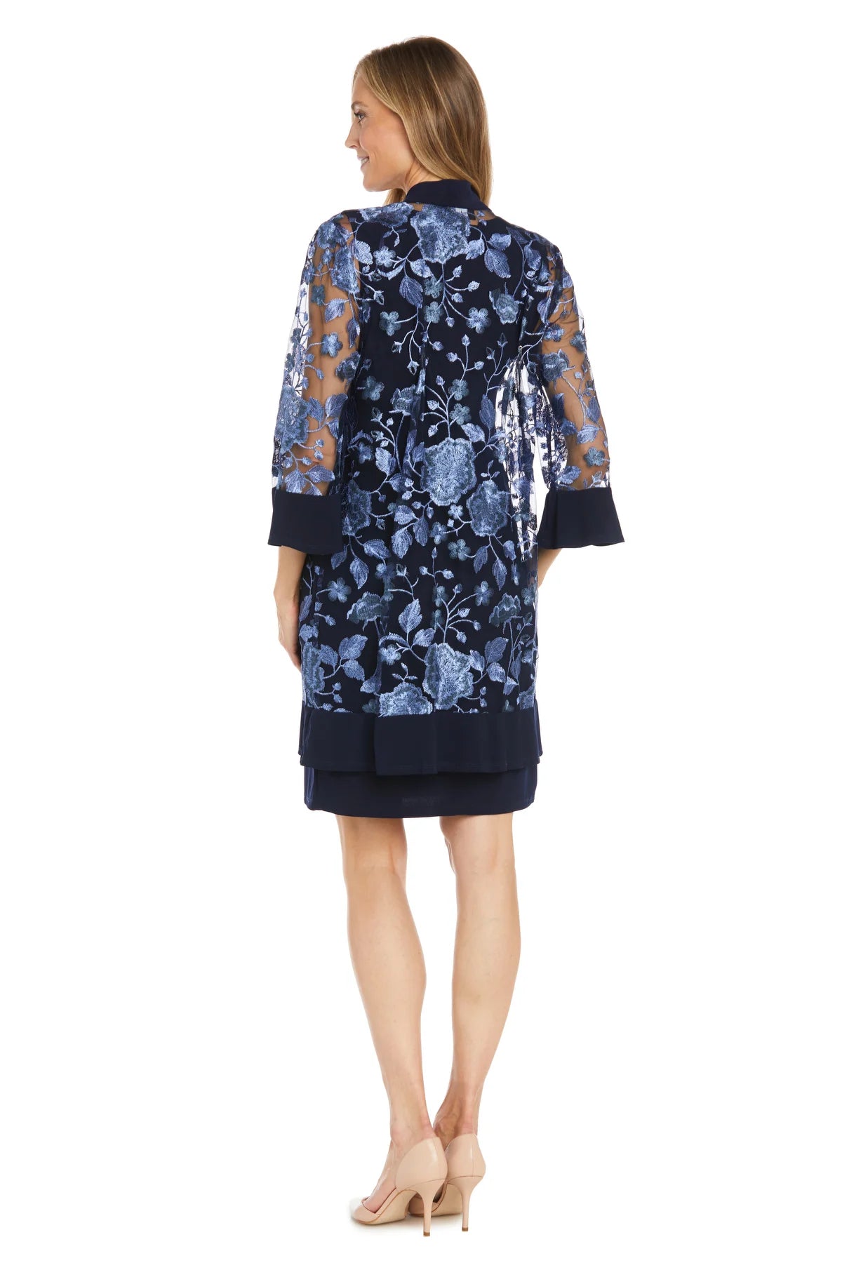 2PC Jacket Dress with Floral Threadwork -  Navy Periwinkle - RM Richards