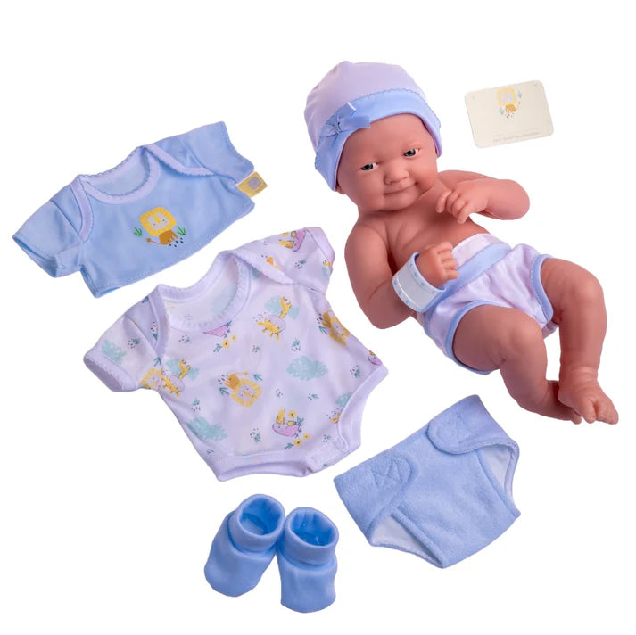 La Newborn Nursery 8 Pc Blue Layette Baby Doll Gift Set, 14 inch Life-Like Smiling Doll