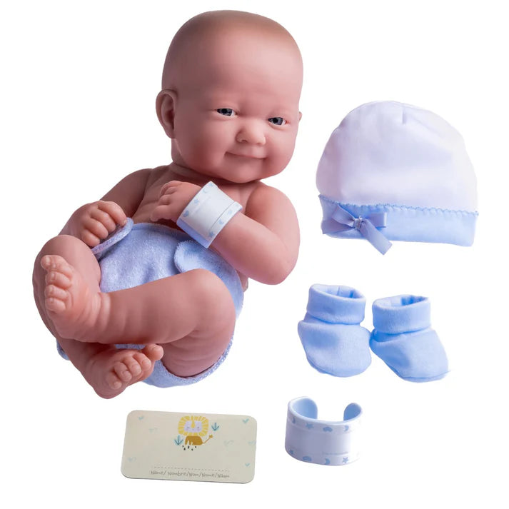 La Newborn Nursery 8 Pc Blue Layette Baby Doll Gift Set, 14 inch Life-Like Smiling Doll