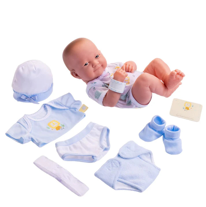 La Newborn Nursery 8 Pc Blue Layette Baby Doll Gift Set, 14 inch Life-Like Smiling Doll