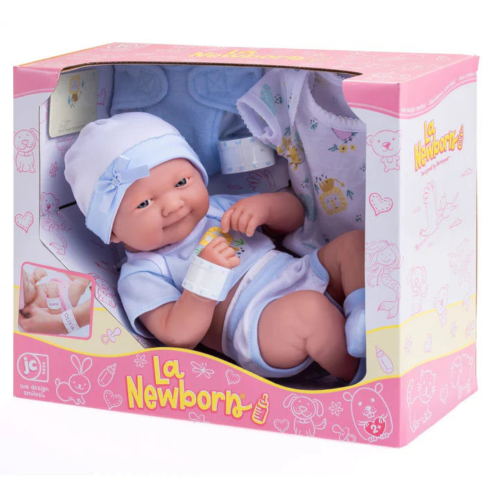 La Newborn Nursery 8 Pc Blue Layette Baby Doll Gift Set, 14 inch Life-Like Smiling Doll