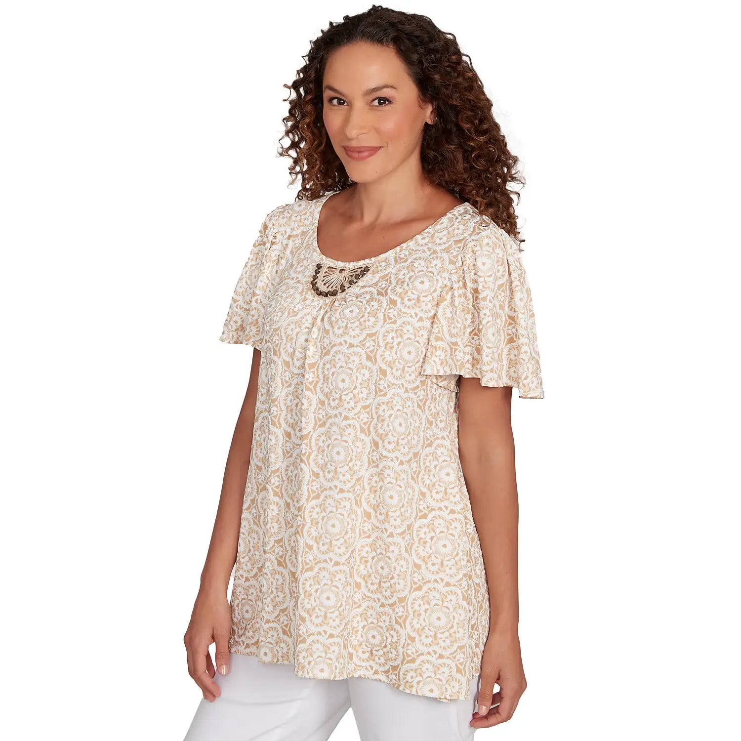 Beaded Macrame Puff Print Tee Jute Multi - Ruby Rd