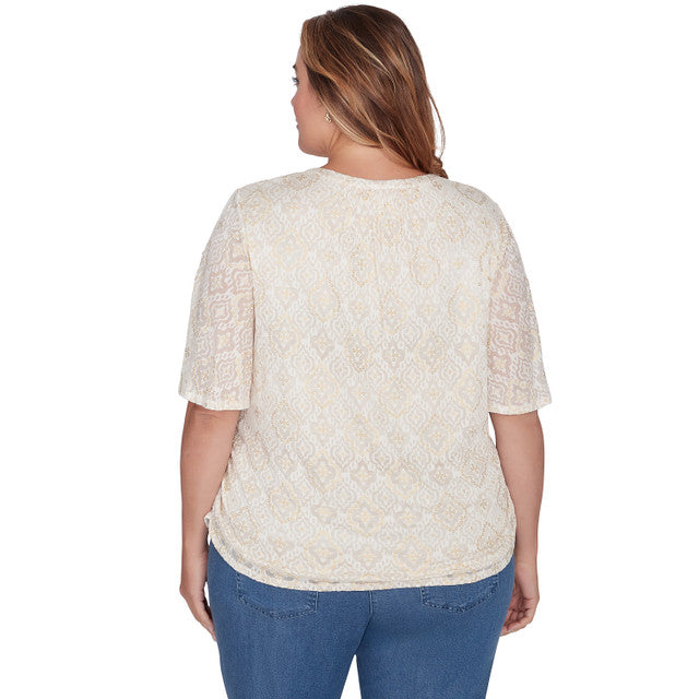 Plus Foil Printed Burnout Knit Top Ivory - Ruby Rd