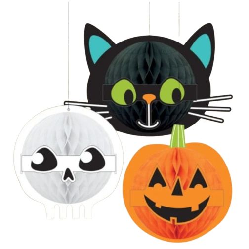 3 Piece Honeycomb Paper Hanging Indoor Halloween Decorations Pumpkin, Cat, Ghost