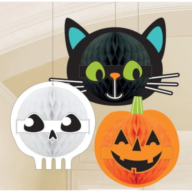 3 Piece Honeycomb Paper Hanging Indoor Halloween Decorations Pumpkin, Cat, Ghost