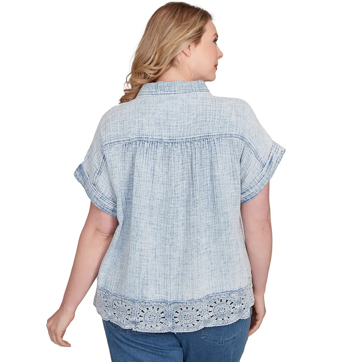 Plus Snow Washed Crochet Hem Collared Tee   - Ruby Rd