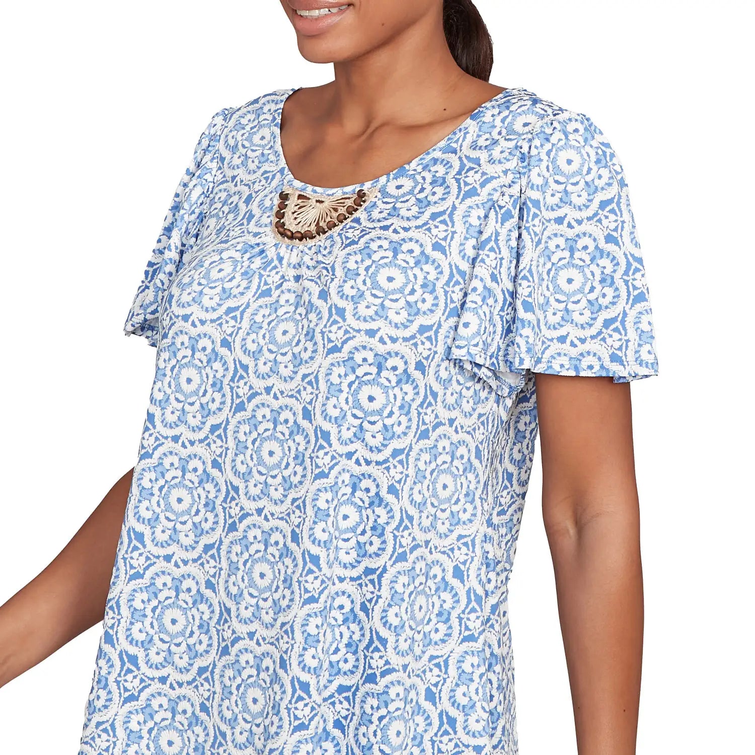Beaded Macrame Puff Print Tee Blue Sky Multi - Ruby Rd