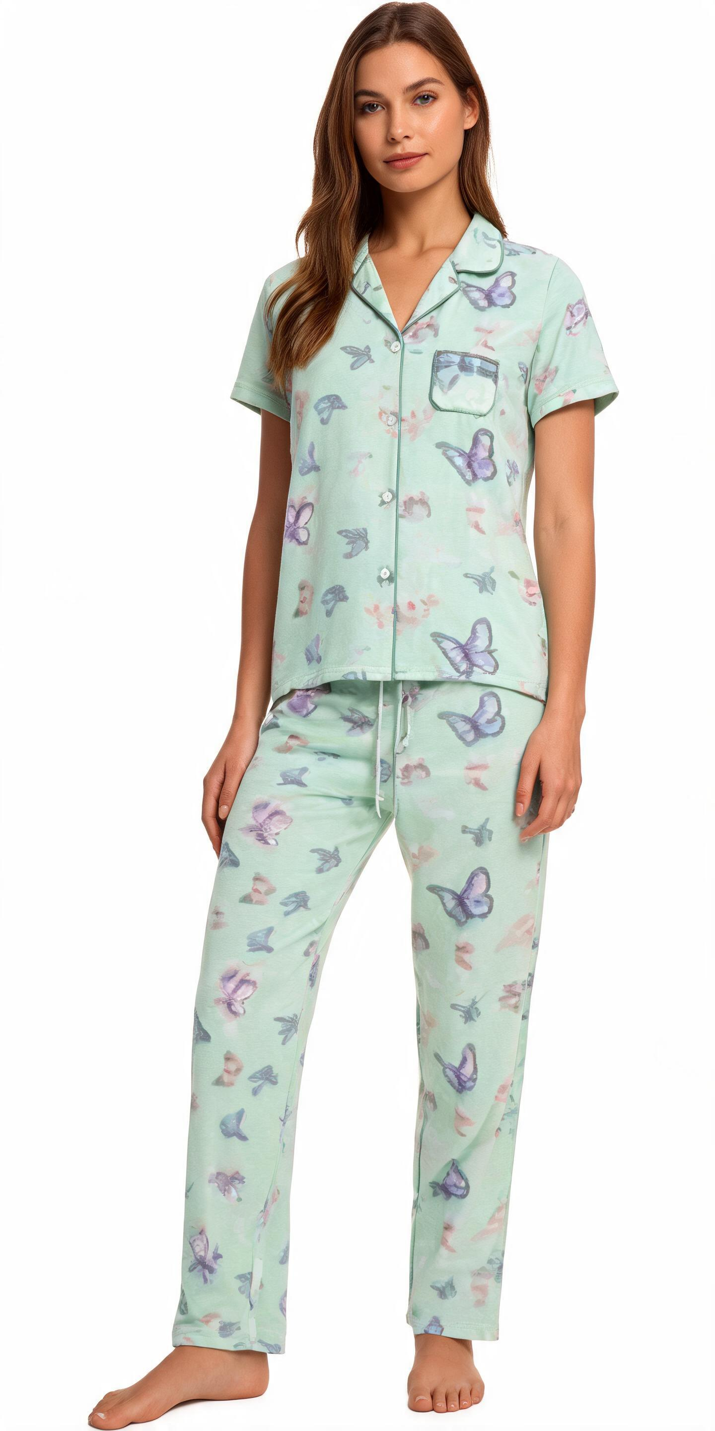2PC Peached Jersey Sleep Sets Butterflies Green
