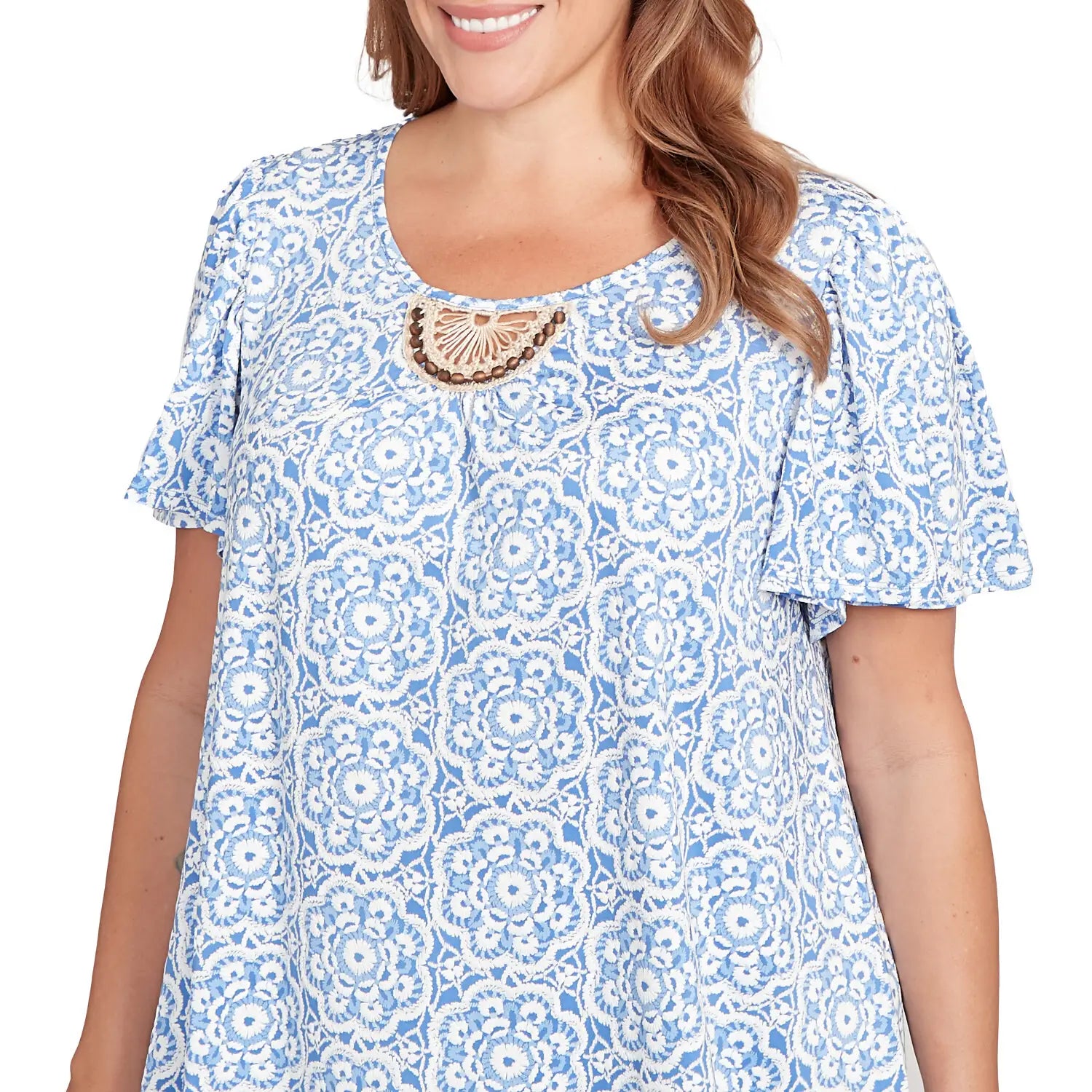 Plus Beaded Macramé Puff Print Tee    - Ruby Rd