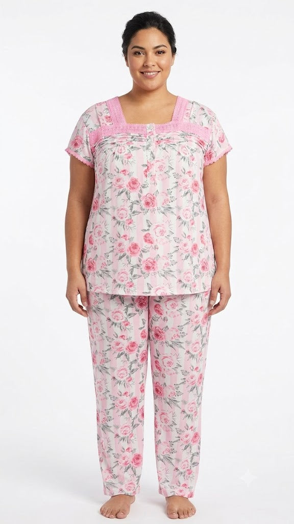 Plus Pant Pj Set , w / Lace & Bottoms , Floral Pink