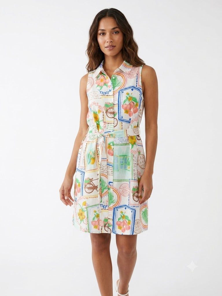 Dress Printed Faux Linen with Fruits and Flowers  - Ninety