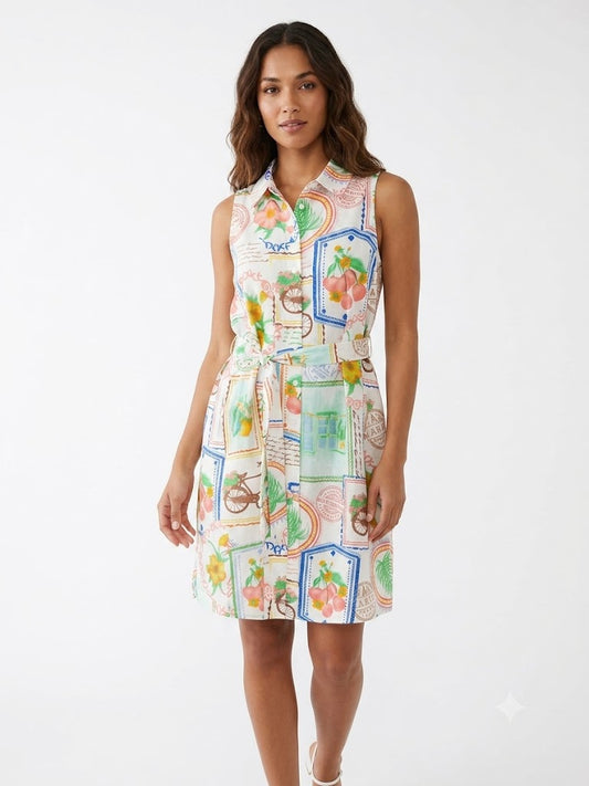 Dress Printed Faux Linen with Fruits and Flowers  - Ninety