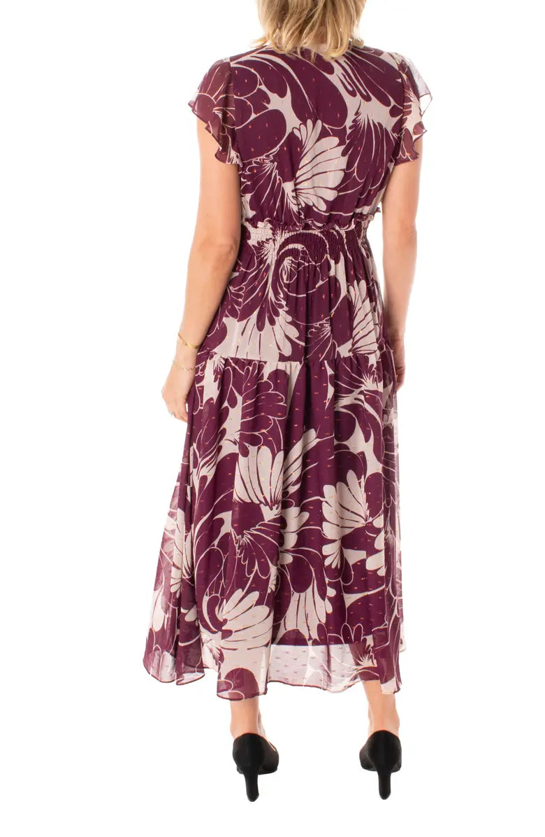 Floral Chiffon Flutter Sleeve Tiered Midi Dress