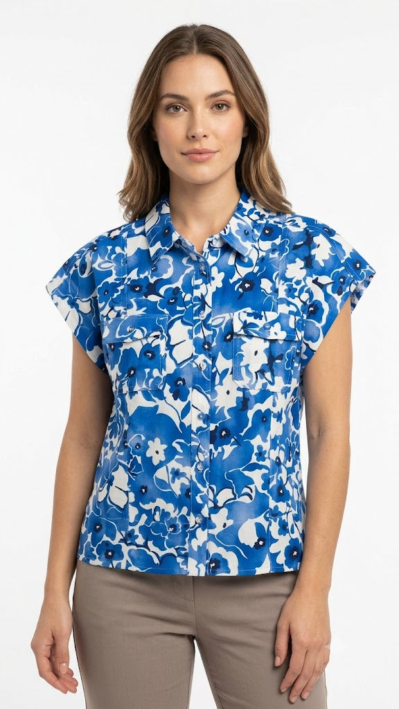 Blouse Print White-Blue- Ninety