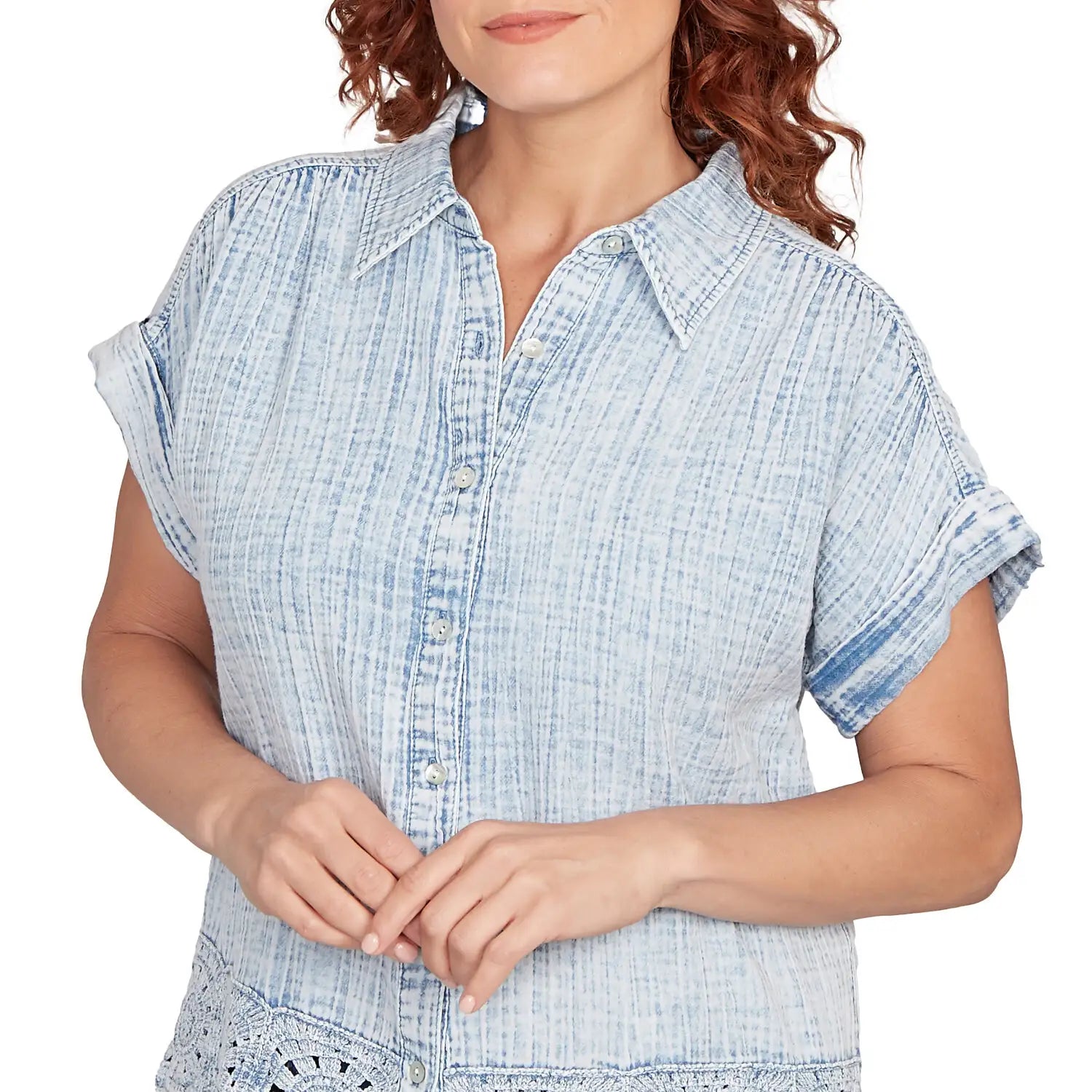 Snow Washed Crochet Hem Collared Tee Chambray - Ruby Rd