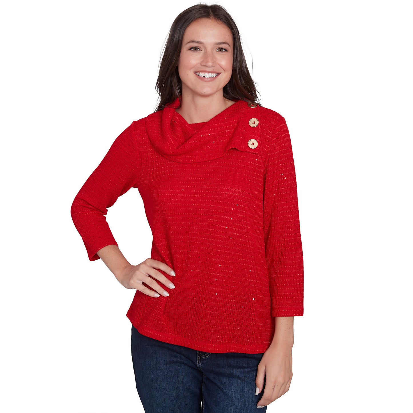 Split Cowl Neck Sequin Knit Top Lipstick - Ruby Rd
