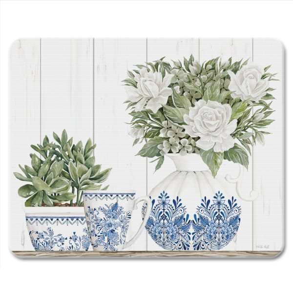 Salvamentero de mostrador de vidrio de cerámica azul y blanca de 25.4 cm x 20.3 cm