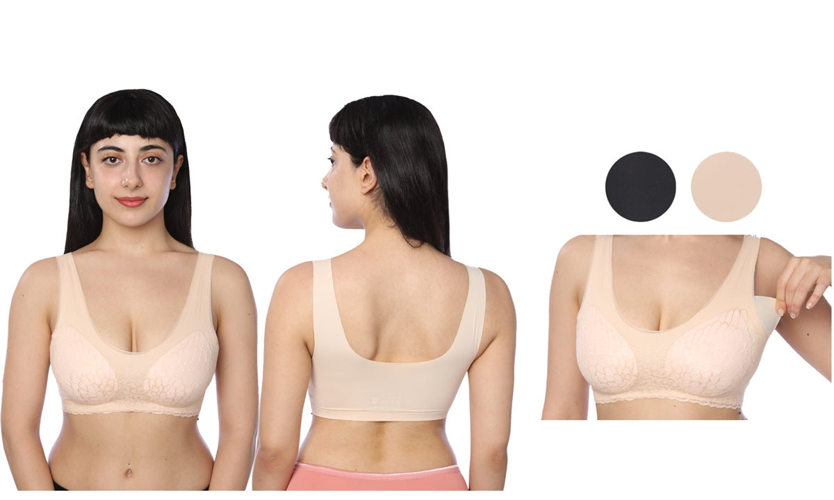 Women's Second Skin with Lace Trim and Removable pads Bralette Sports Bra