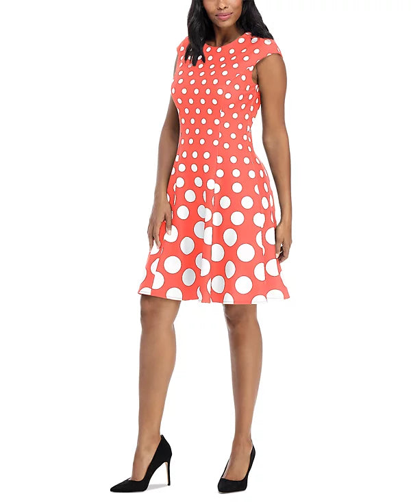 Cap Sleeve Polka Dot Short Dress Coral/White - London Times