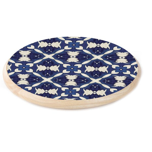 White & Blue Pattern Wood Lazy Susan