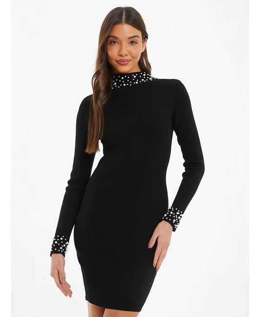 Knit Pearl Detail Long Sleeve Sweater Black Dress -Sandra Darren