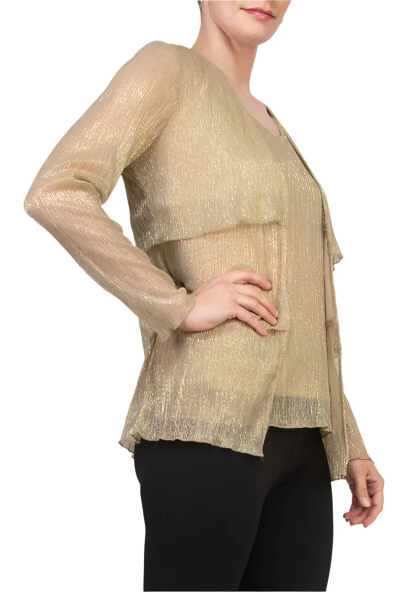 Round Neck Top and Long Sleeve Layered Cardigan Sweater Gold - Marina