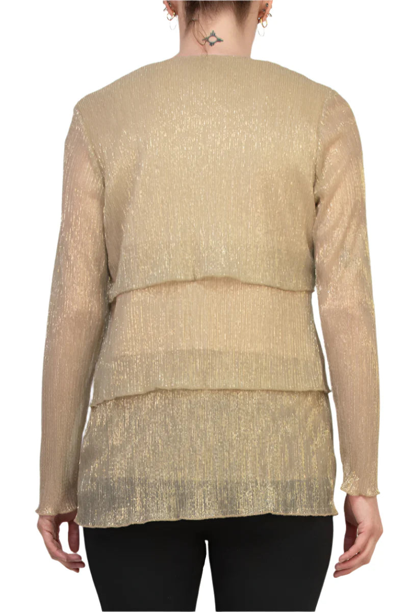 Round Neck Top and Long Sleeve Layered Cardigan Sweater Gold - Marina