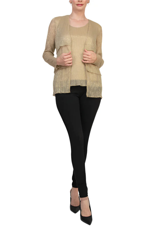 Round Neck Top and Long Sleeve Layered Cardigan Sweater Gold - Marina