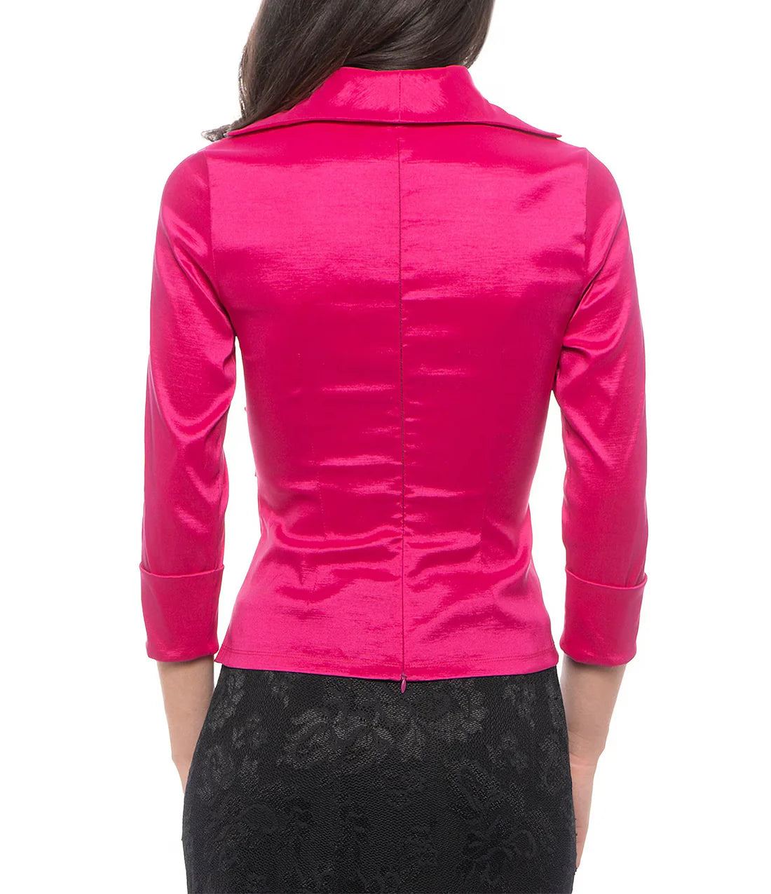 Twist Knot Front V-Neckline 3/4 Sleeves Taffeta Blouse Magenta - Marina
