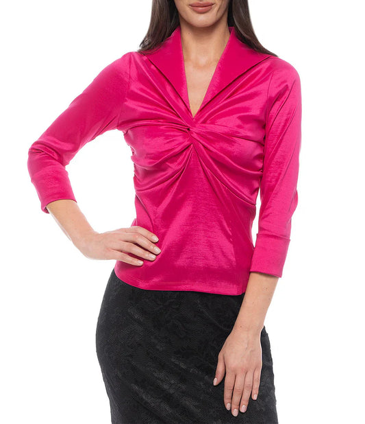 Twist Knot Front V-Neckline 3/4 Sleeves Taffeta Blouse Magenta - Marina