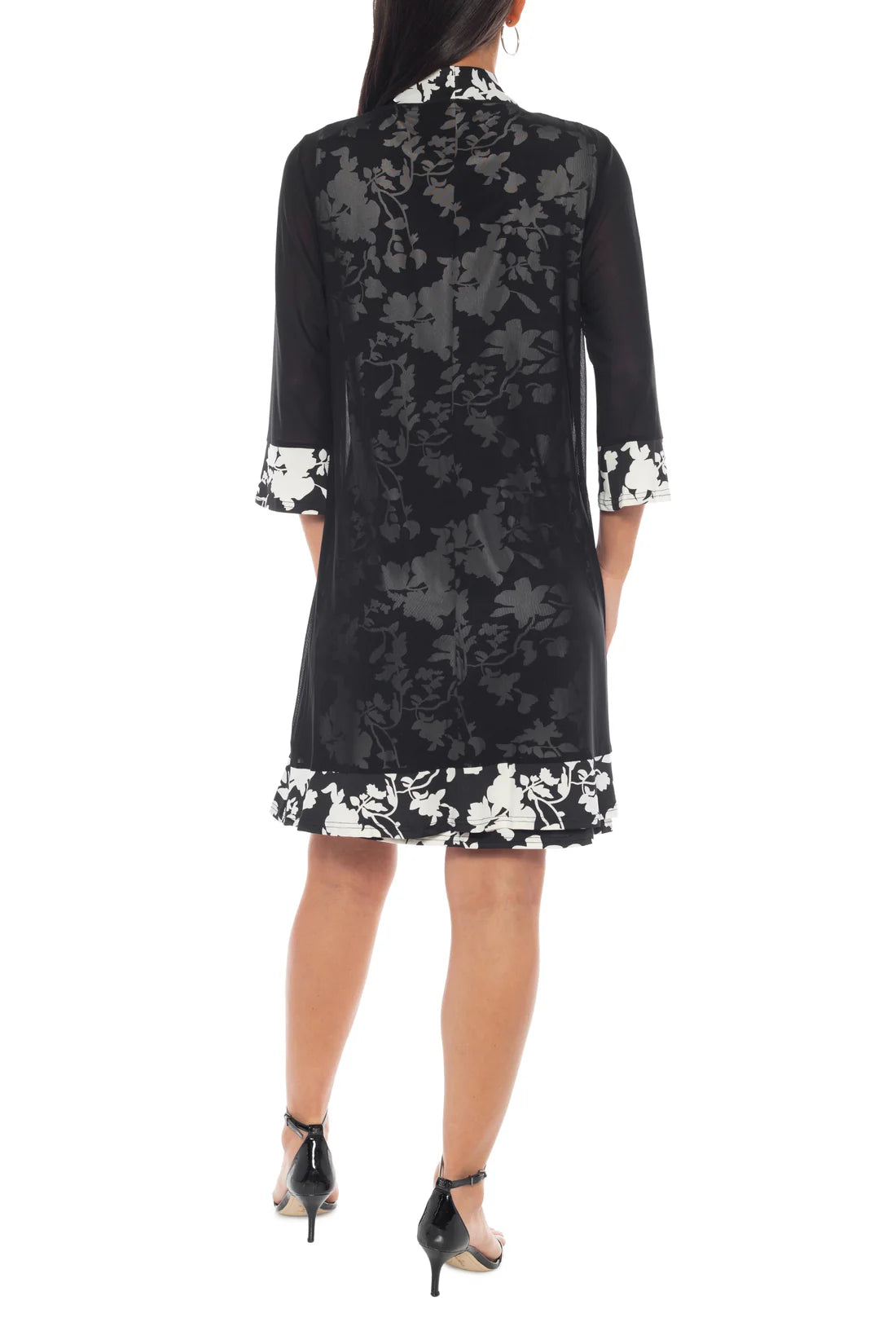 Round Neckline Sleeveless Floral Top With Sheer Jacket Black/White- Marine