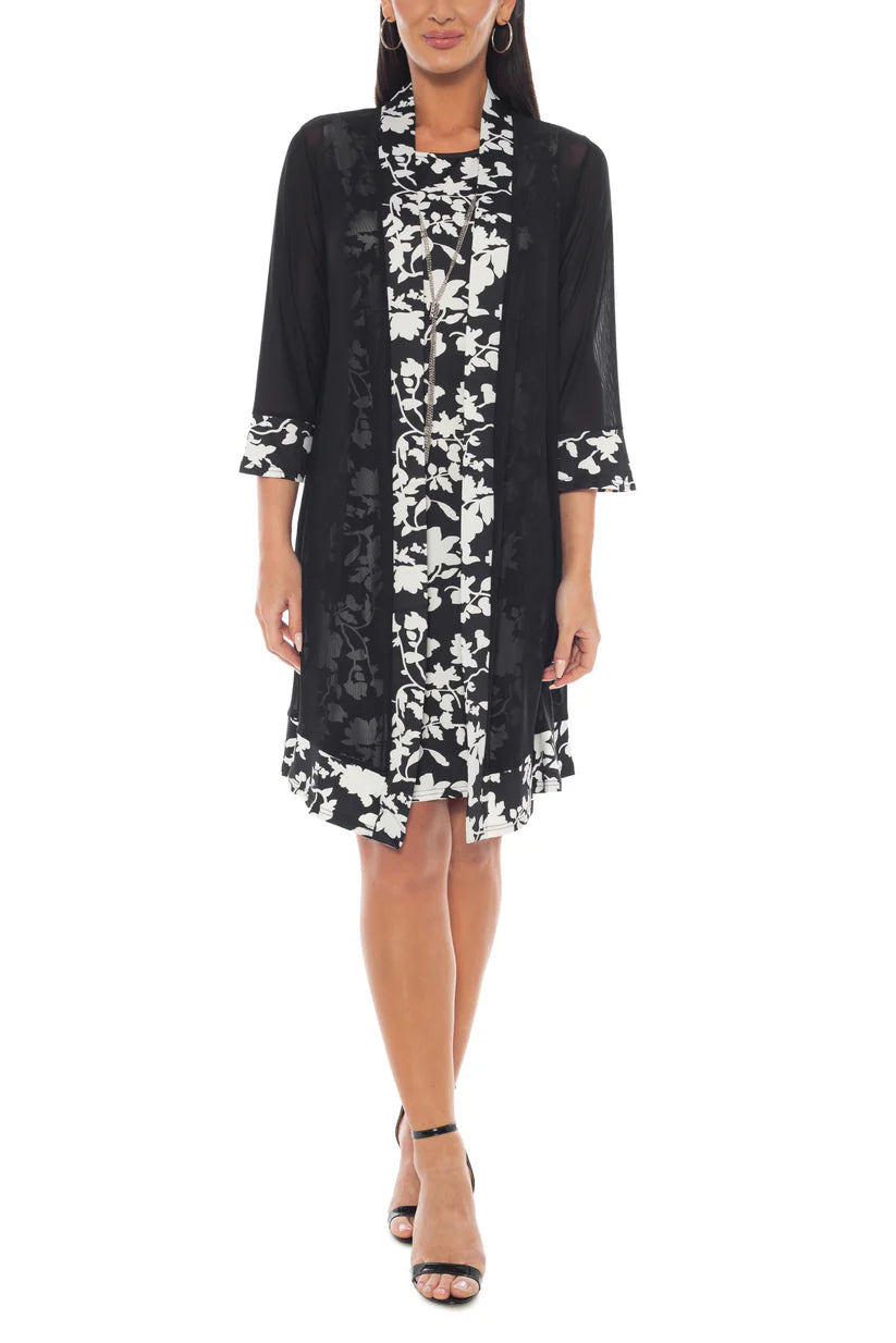 Round Neckline Sleeveless Floral Top With Sheer Jacket Black/White- Marine