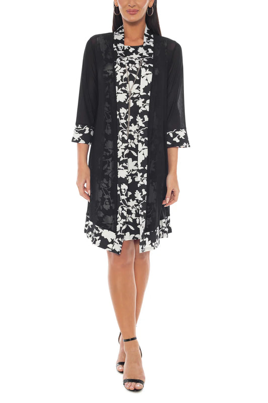 Round Neckline Sleeveless Floral Top With Sheer Jacket Black/White- Marine
