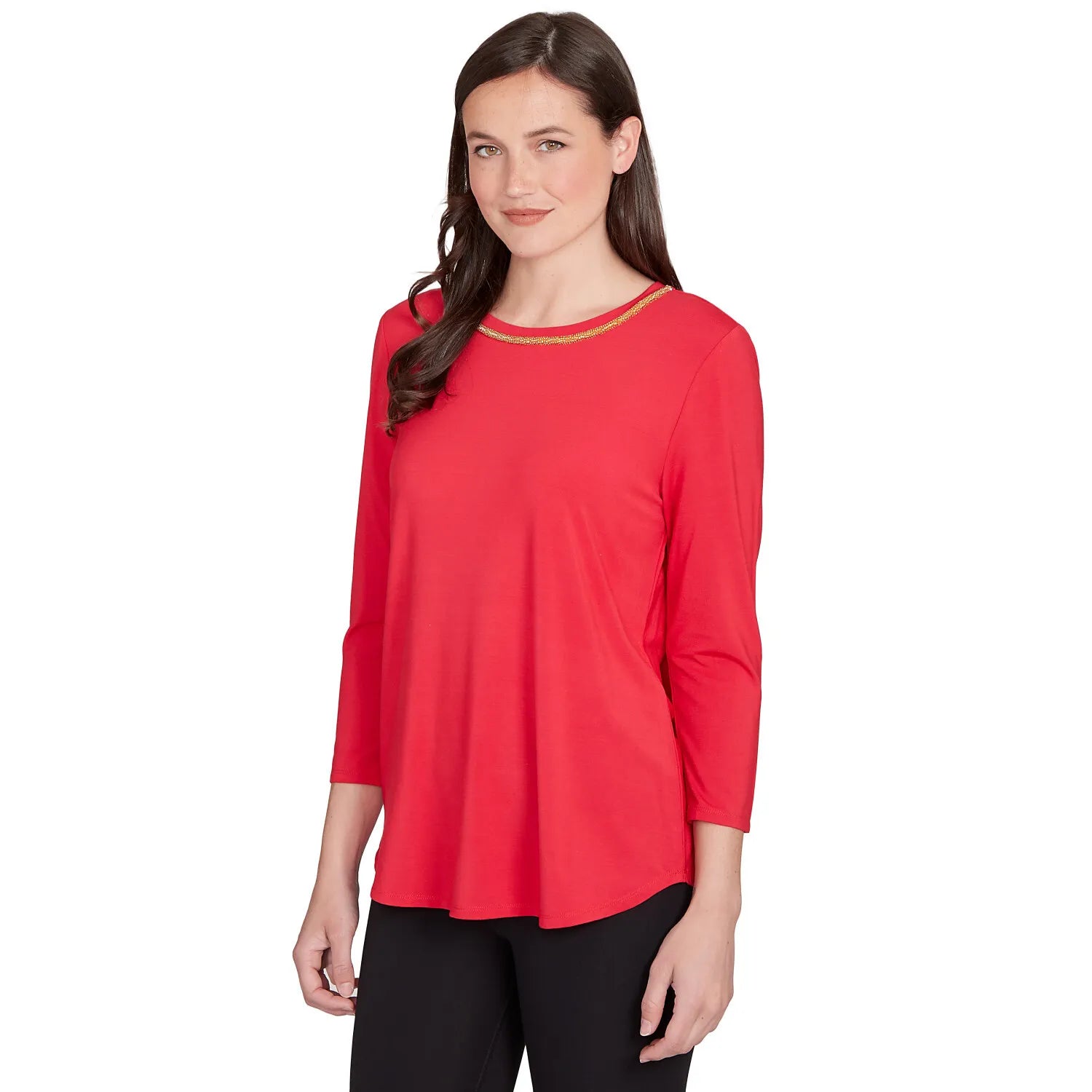 Embellished Scoop Neck Solid Knit Top Cherry - Ruby Rd