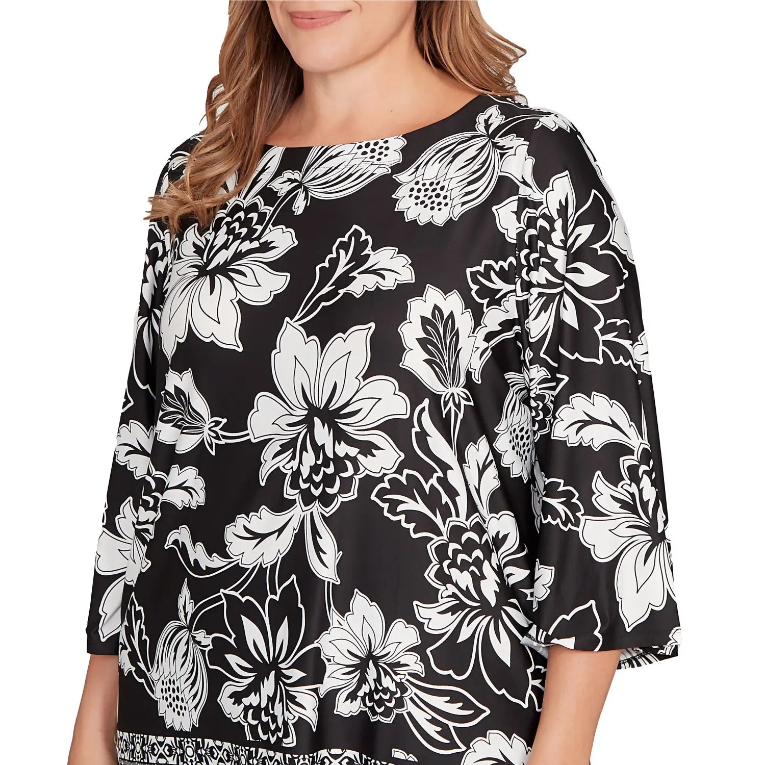 Plus Floral Geo Border Knit Top Black/White    - Ruby Rd