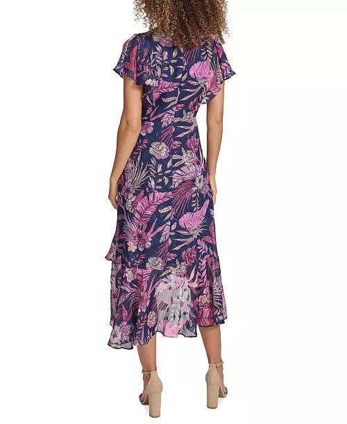 Dress Printed Flutter-Sleeve Midi Navy Multi - Siena
