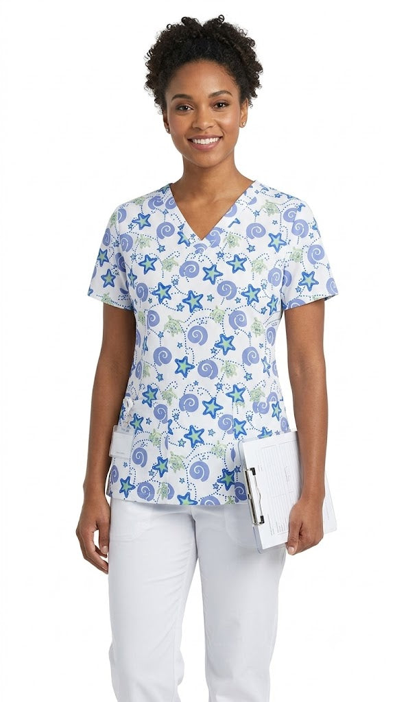 3 Pocket V Neck Stretch Printed Scrub Top