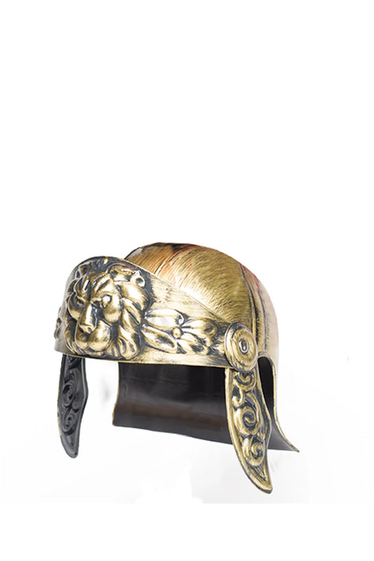 Casco de gladiador león con penacho rojo plateado
