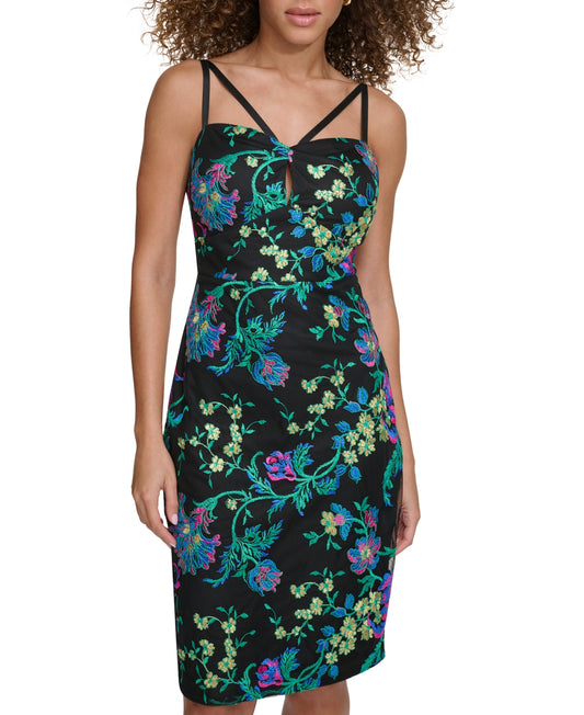 Embroidered Mesh Strappy Sheath Dress - Black Multi - Siena