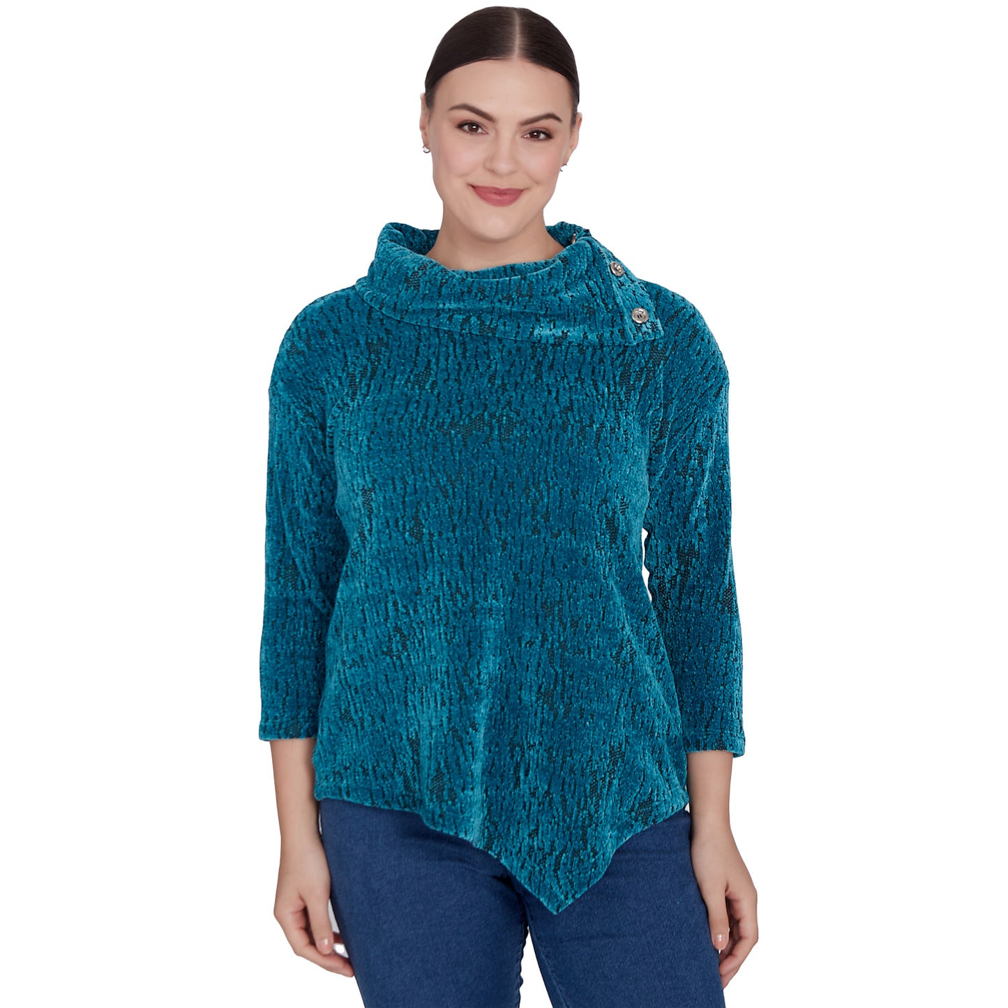 Split Cowl Chenille Jacquard Knit Top Jade Multi- Ruby Rd